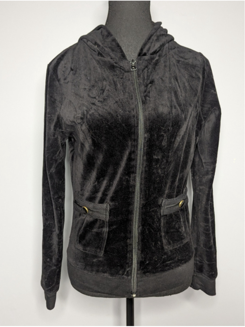 Vintage Sarah Johnson Black Velour Zip Up Hoodie Womens Large Y2K Juicy Style